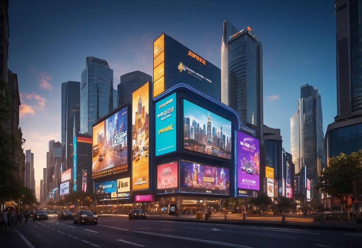 A vibrant cityscape with Mobile Legends branding on billboards and digital screens, surrounded by bustling streets and a modern skyline