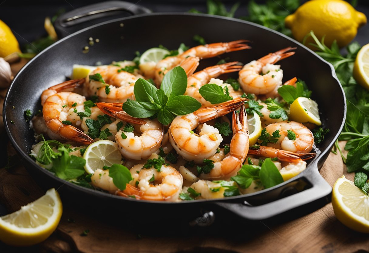 Prawns sizzling in a pan with bubbling garlic butter, surrounded by fresh herbs and lemon slices on a wooden cutting board