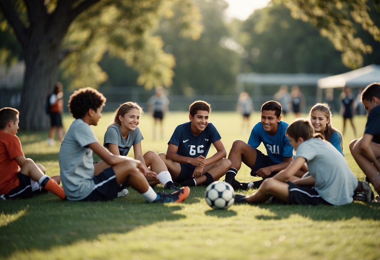 8th graders playing soccer on a field, while others chat on the bleachers. A group studies together under a tree, and some work on art projects