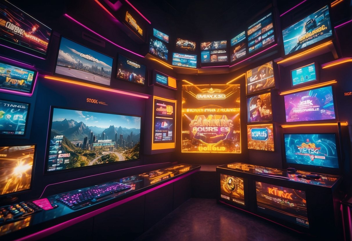 A vibrant display of gaming deals and discounts, featuring bold typography and eye-catching graphics, set against a futuristic backdrop
