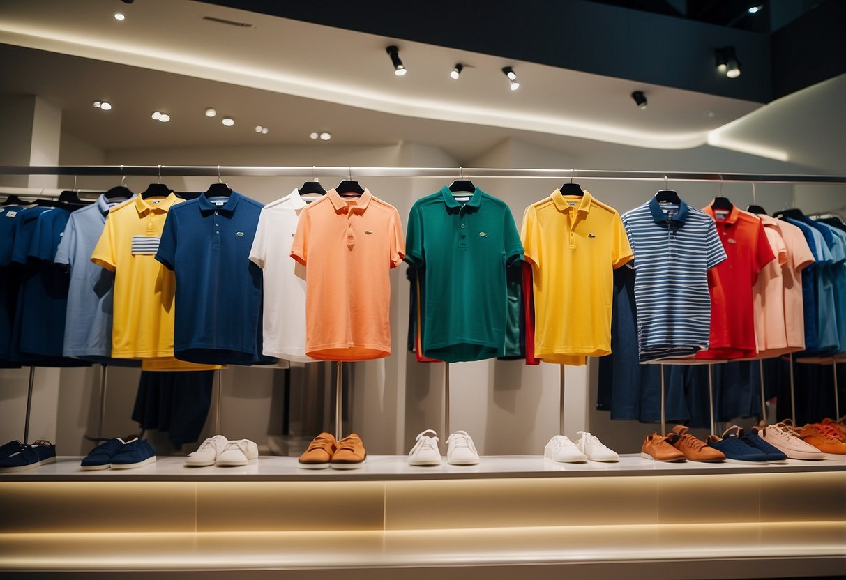 Brightly colored summer clothing on display with promotional signs for Gap and Lacoste in a trendy Singapore store
