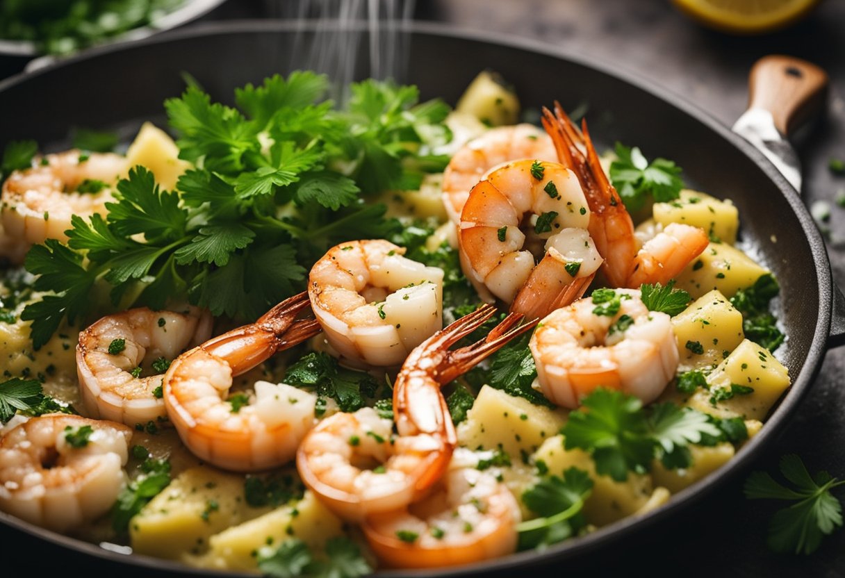 Garlic butter prawns sizzling in a pan. A chef's knife chopping fresh parsley. Prawns being plated and garnished with herbs