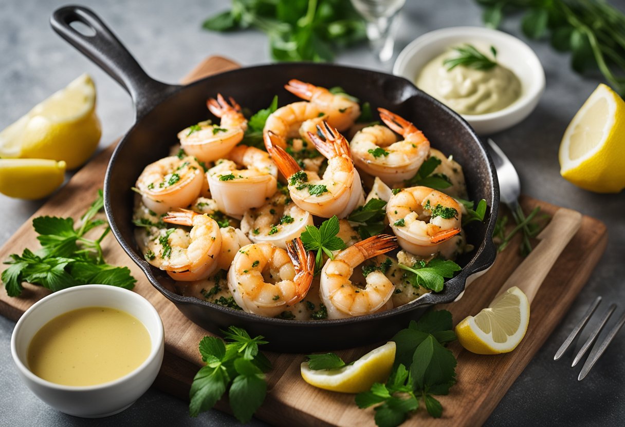 A sizzling pan of garlic butter prawns, garnished with fresh herbs and surrounded by lemon wedges and a bowl of dipping sauce