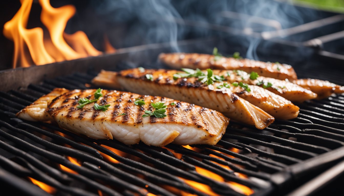 Fish grilling on a hot barbecue, smoke rising, flames licking the edges, sizzling sounds, and a tantalizing aroma filling the air