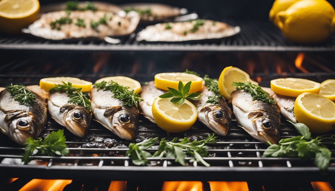 A fish being cleaned and seasoned with herbs and lemon, then placed on a hot grill