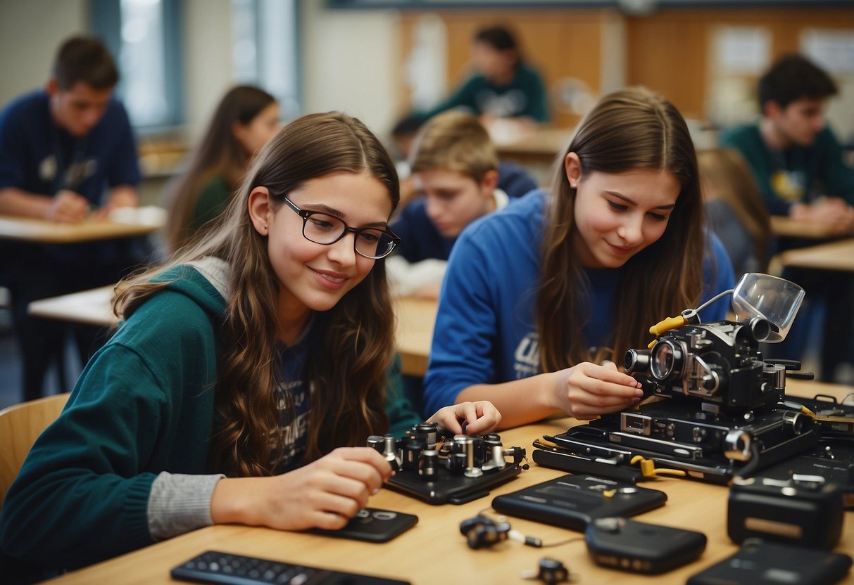 Eighth graders engage in art and tech activities, using tools and materials to create and explore. The room buzzes with creativity and innovation