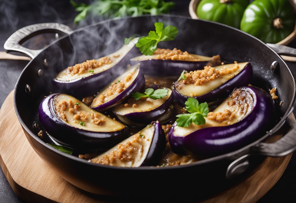 Eggplant sizzling in a hot wok, surrounded by garlic, ginger, and fish sauce. Steam rises as the aroma of the savory dish fills the air