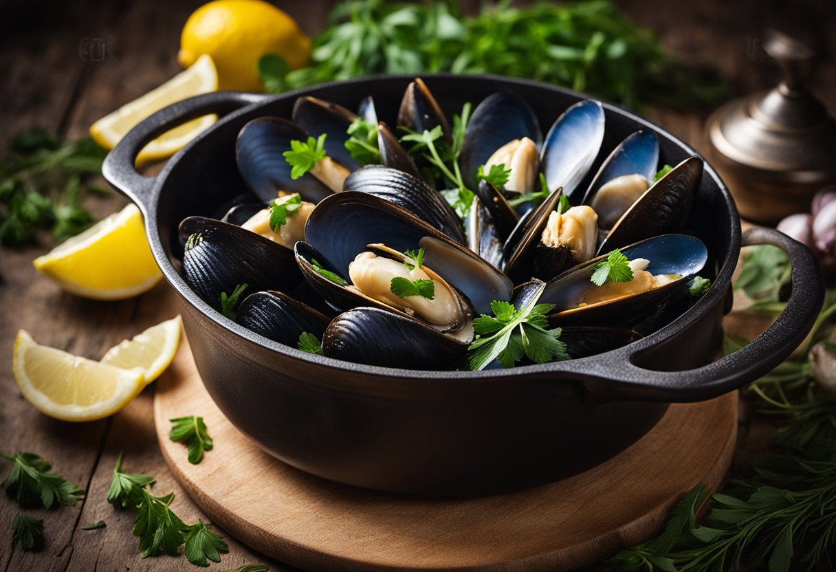 Steaming garlic mussels in a cast iron pot, surrounded by fresh herbs and lemon wedges on a rustic wooden table