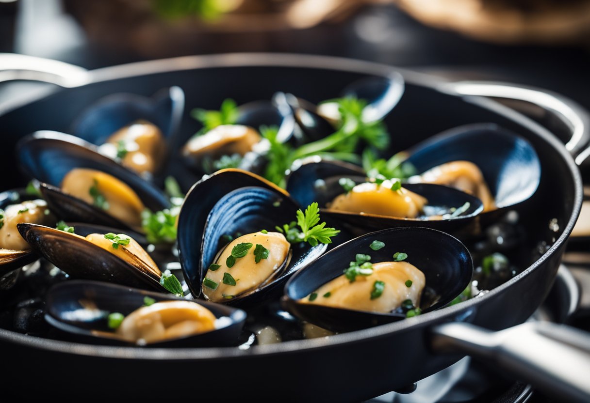Mussels in a skillet with garlic, butter, and herbs sizzling over a stovetop flame