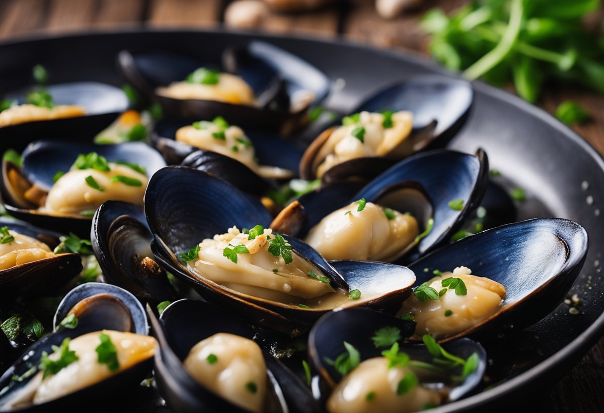 Garlic mussels sizzling in a hot pan, surrounded by steam and aromatic herbs and spices