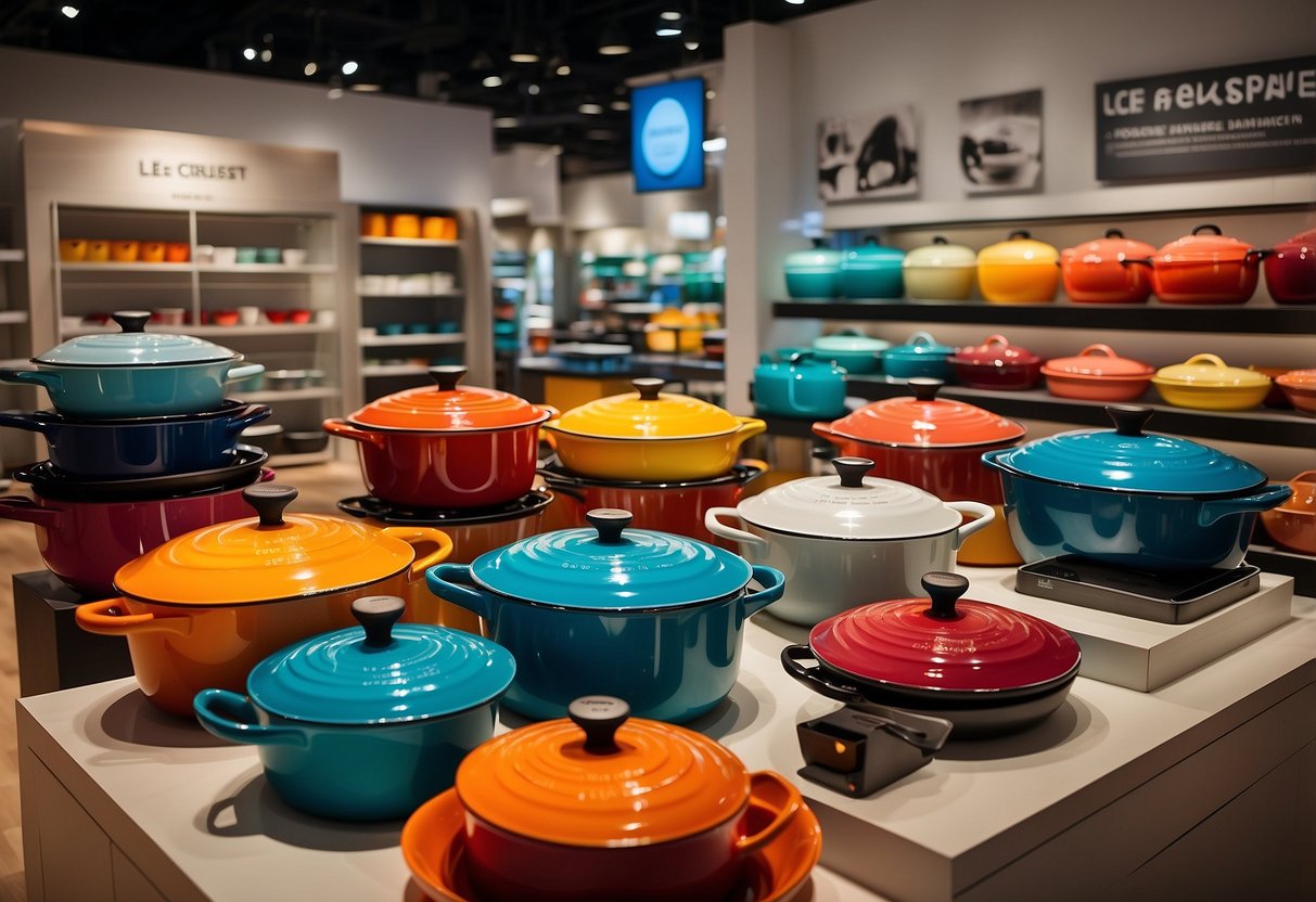 A colorful display of Le Creuset cookware in a bustling Singapore store, with prominent promotional signage