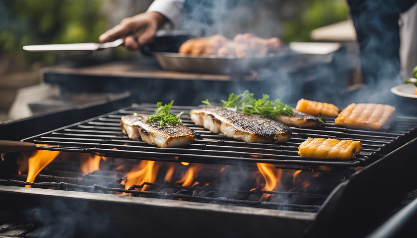 Fish grilling on a sizzling hot grill, smoke rising, with a chef's tools nearby and a table set for serving