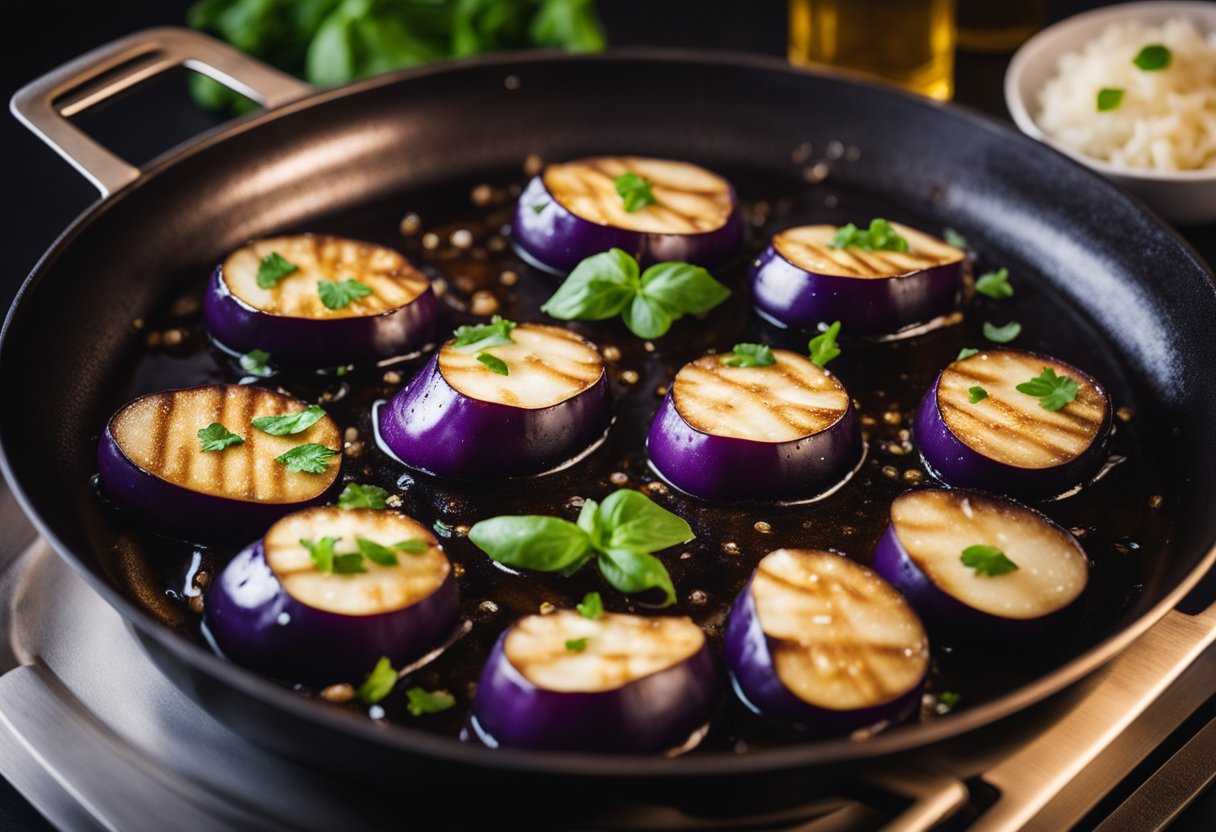 Eggplant slices sizzling in a hot pan with fish sauce drizzling over them. Steam rising and the aroma of savory flavors filling the air