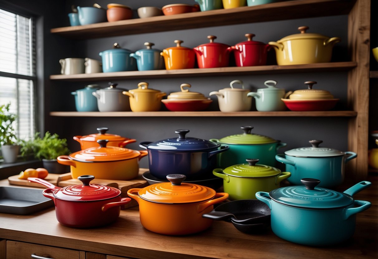 A display of Le Creuset cookware in a vibrant kitchen setting, with a variety of pots, pans, and utensils showcasing the latest promotions for enthusiasts