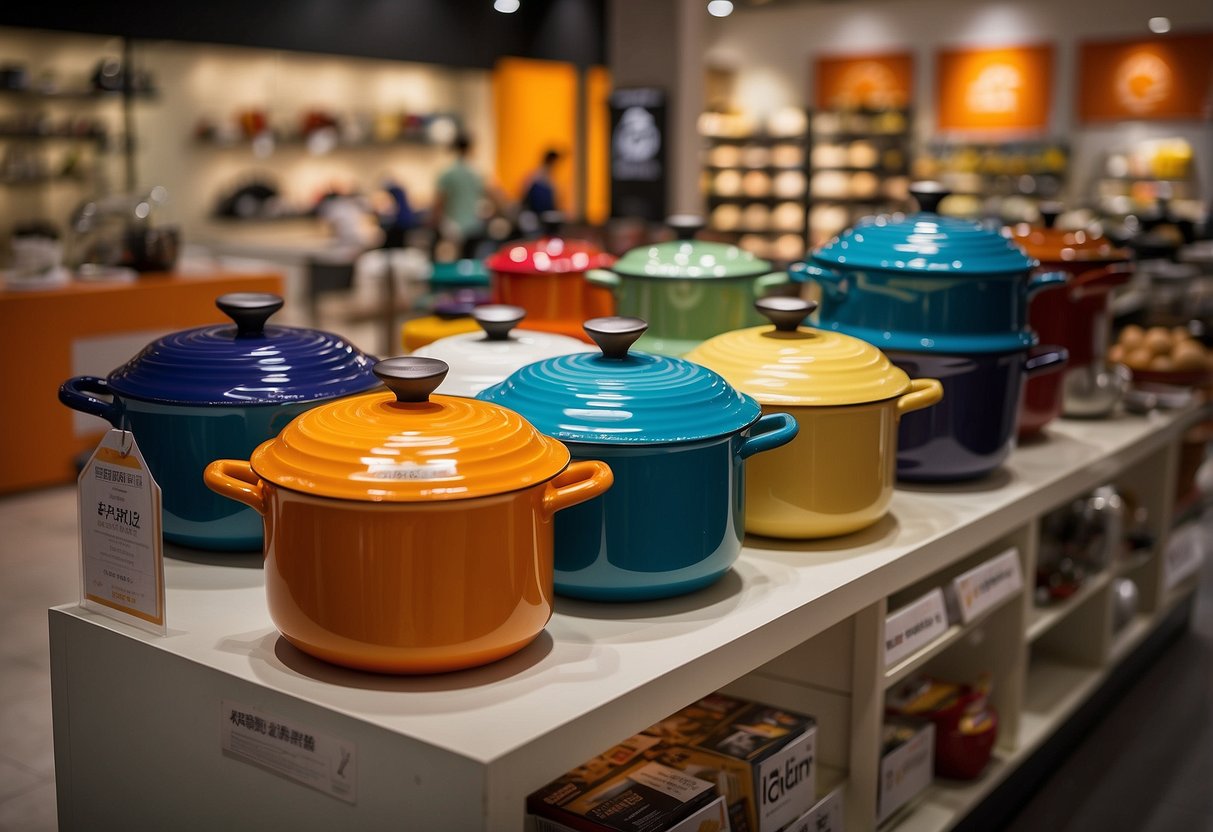 Brightly lit store displays showcase Le Creuset cookware with "Promotion" signs. Shoppers eagerly browse shelves and compare prices, seeking the best deals in a bustling Singapore shopping district
