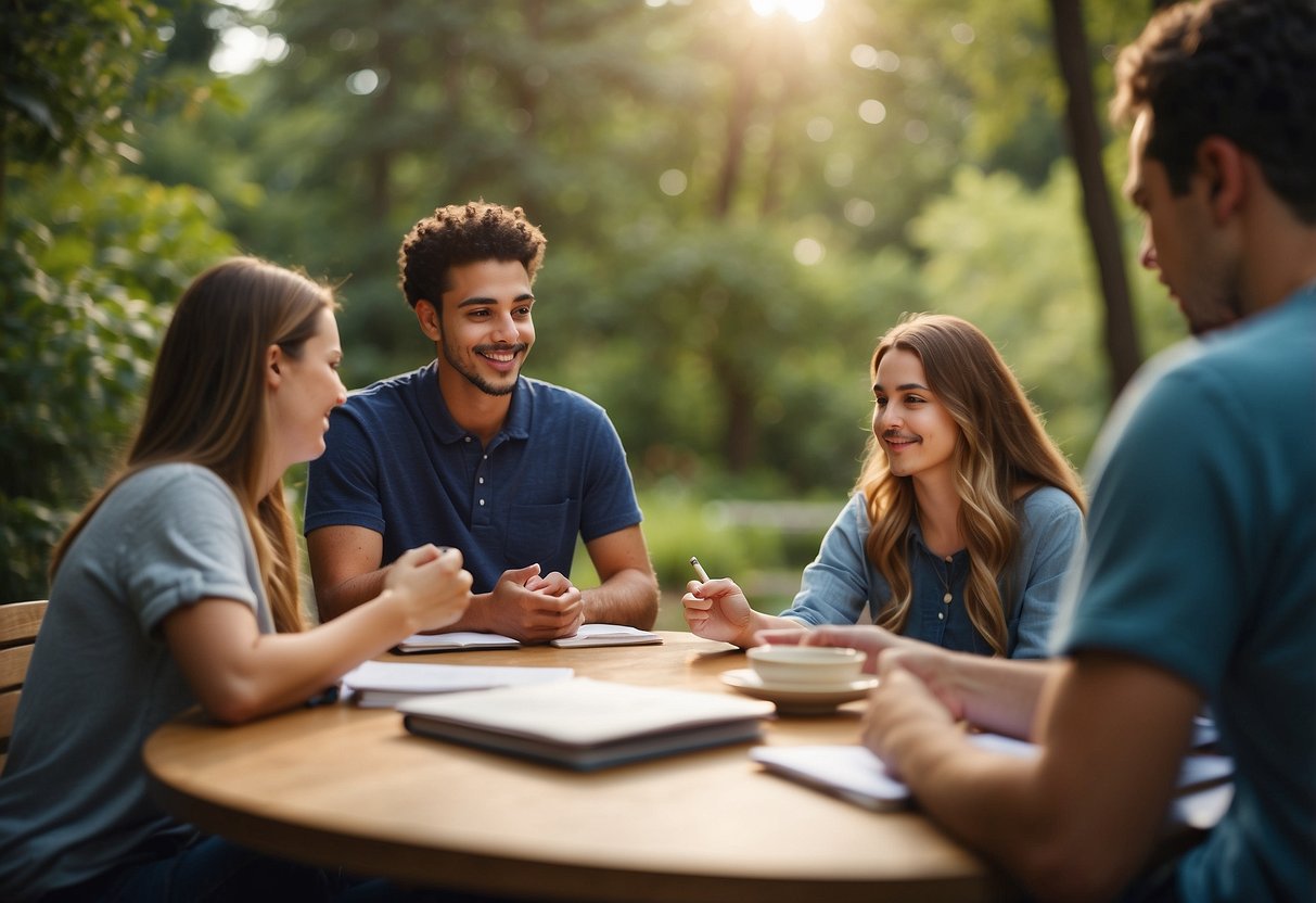 Students engage in group discussions, journaling, and mindfulness activities in a peaceful and supportive environment, surrounded by nature and colorful artwork