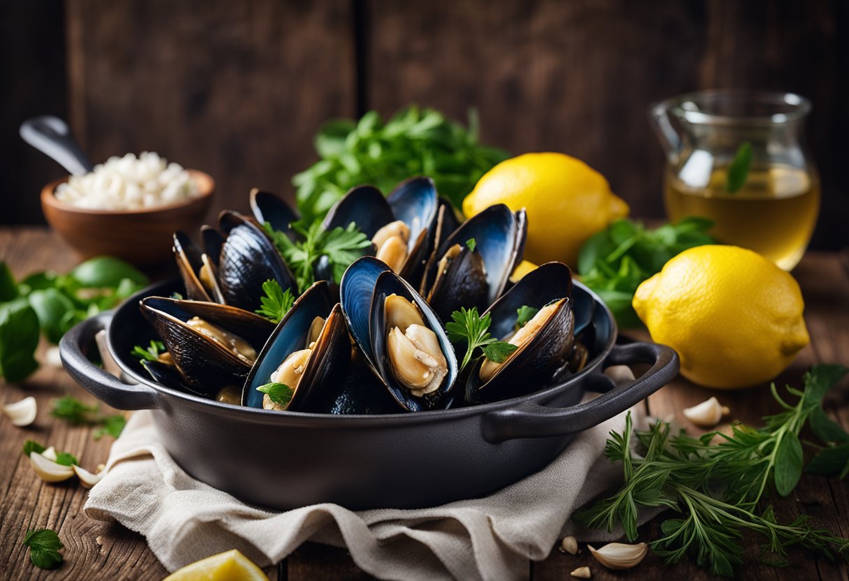 Garlic mussels steaming in a large pot, surrounded by lemon wedges and fresh herbs on a rustic wooden table