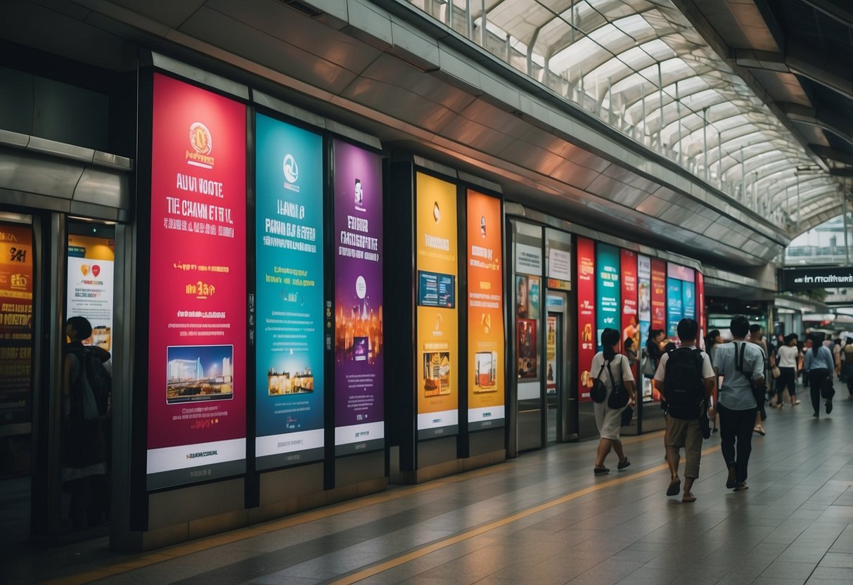 Colorful banners adorn the bustling metro station in Singapore, promoting various events and attractions. Commuters pass by, while the vibrant advertisements catch their attention
