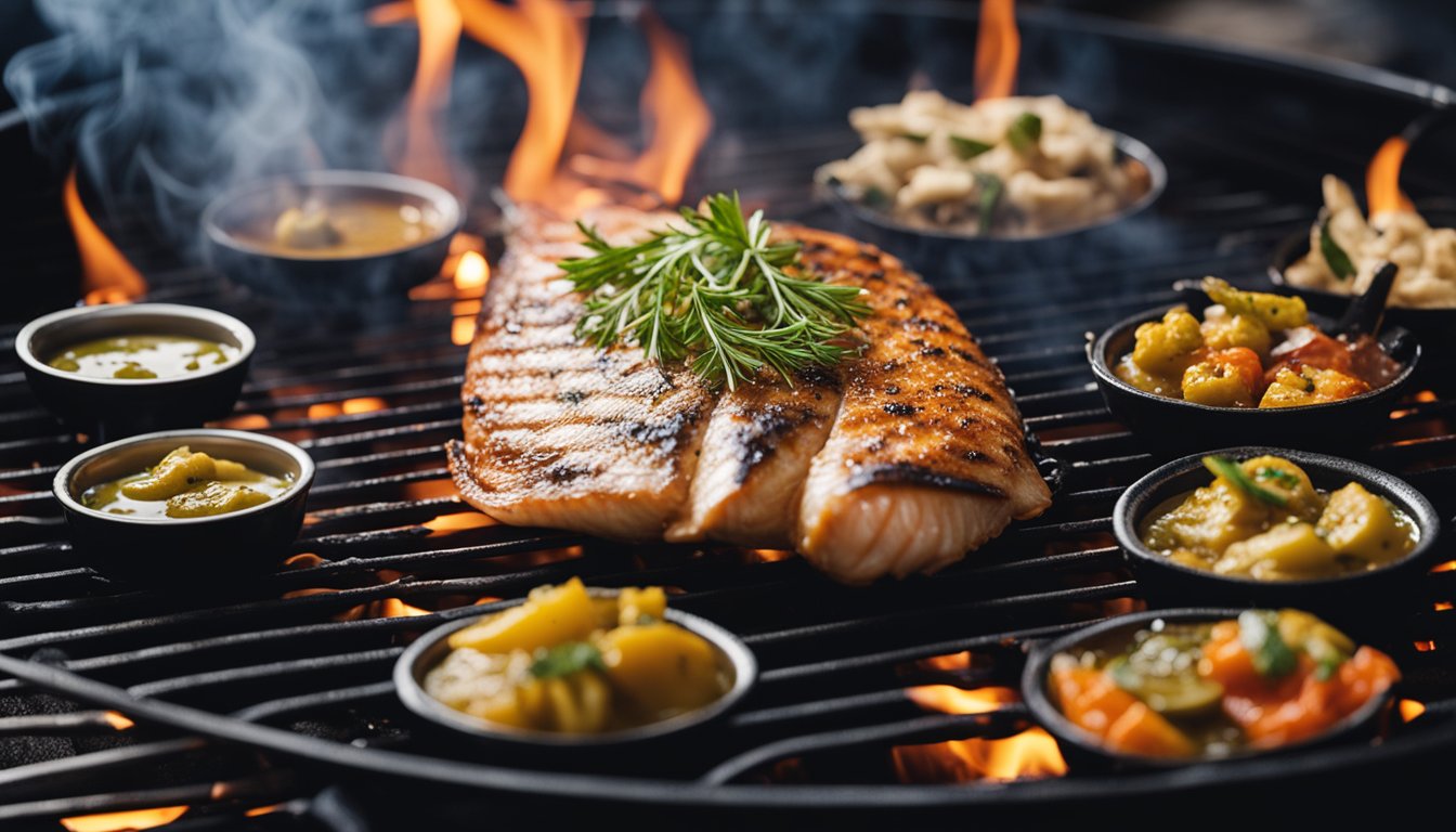 A fish grilling over hot coals with smoke rising, surrounded by a variety of seasonings and sauces on a grill