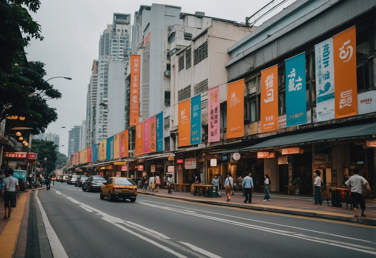 A bustling city street with colorful Metro Promotions banners hanging from lampposts and storefronts in Singapore