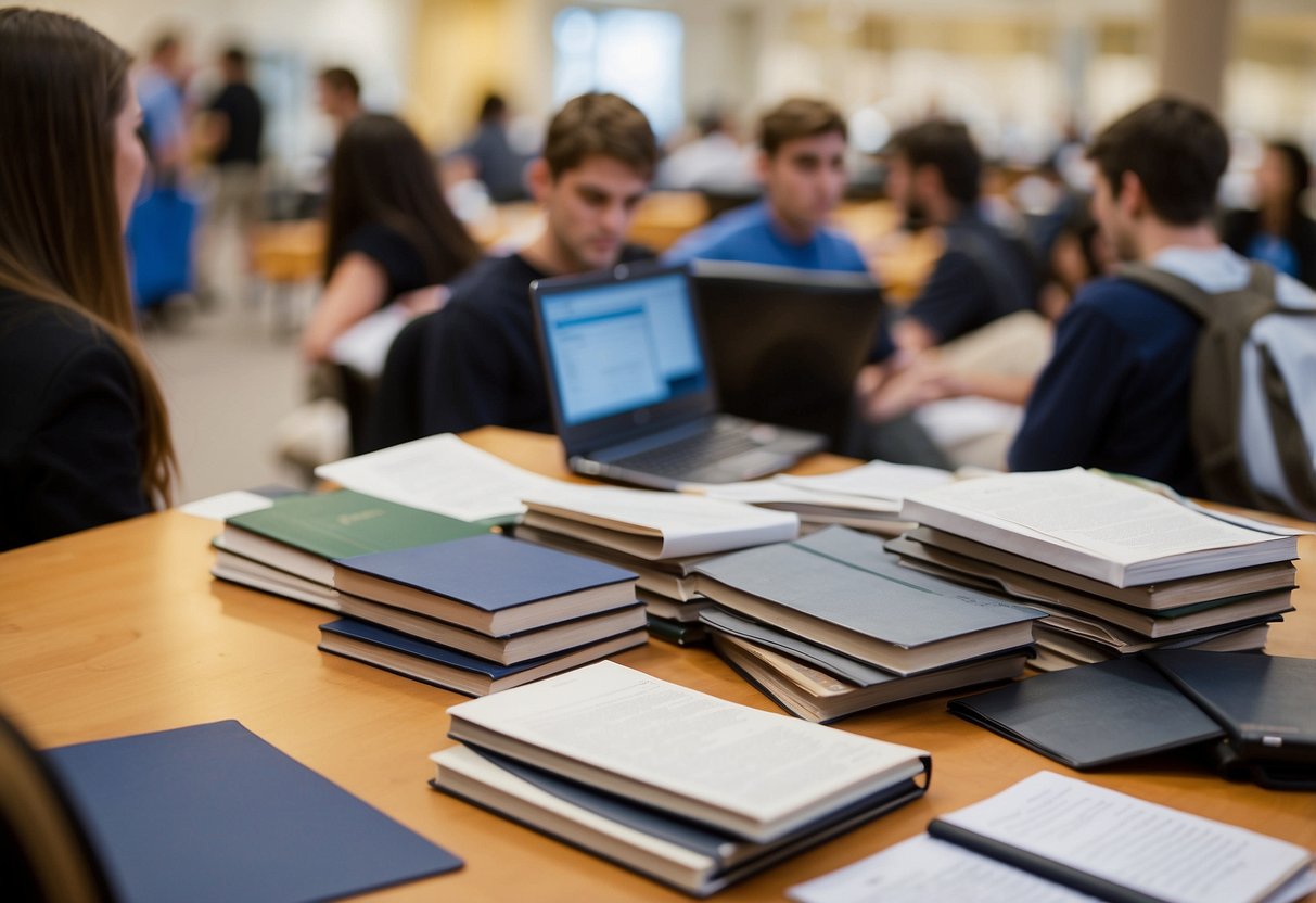 Students researching colleges, attending career fairs, and taking aptitude tests. Books, laptops, and brochures scattered around. Excitement and determination in the air