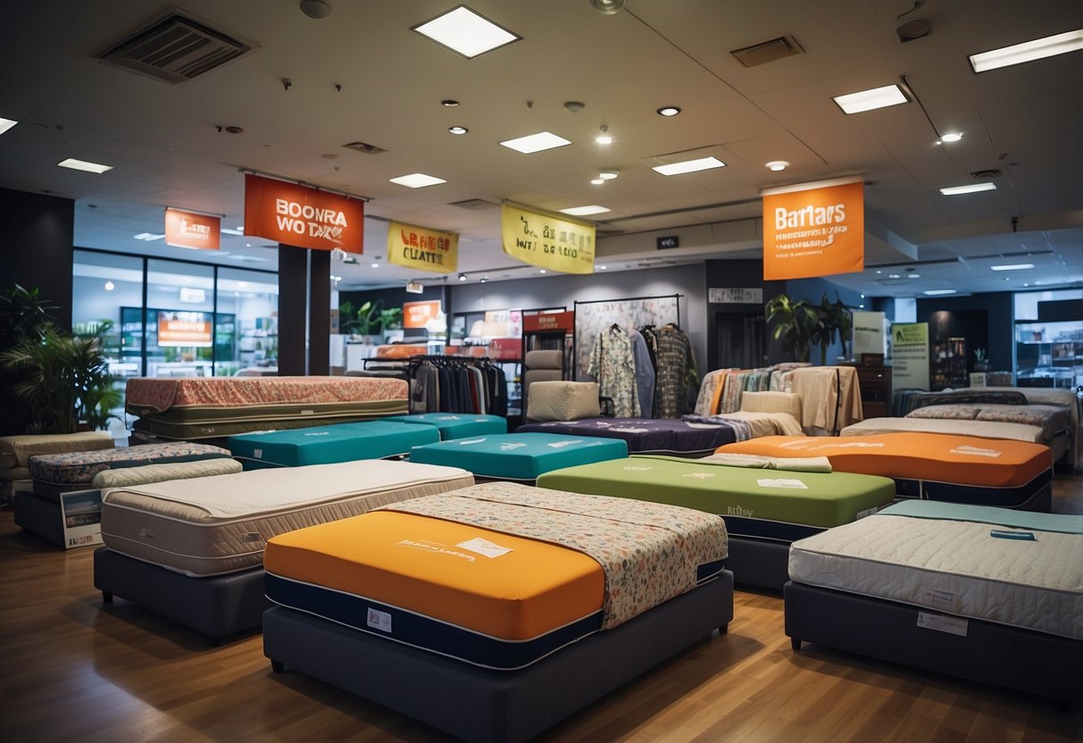 A mattress store in Singapore displays various promotions with colorful signs and banners