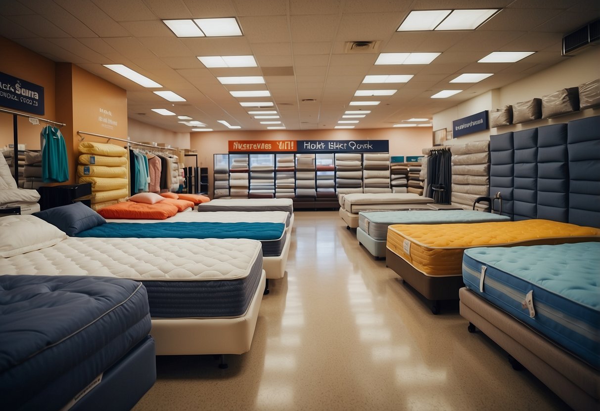 A mattress store with colorful banners, discount signs, and happy customers testing out different mattresses