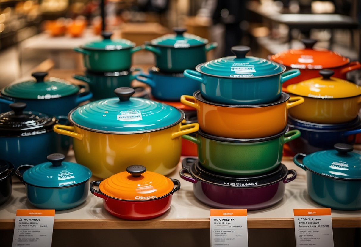 A vibrant display of Le Creuset cookware with promotional signs in a bustling Singaporean store