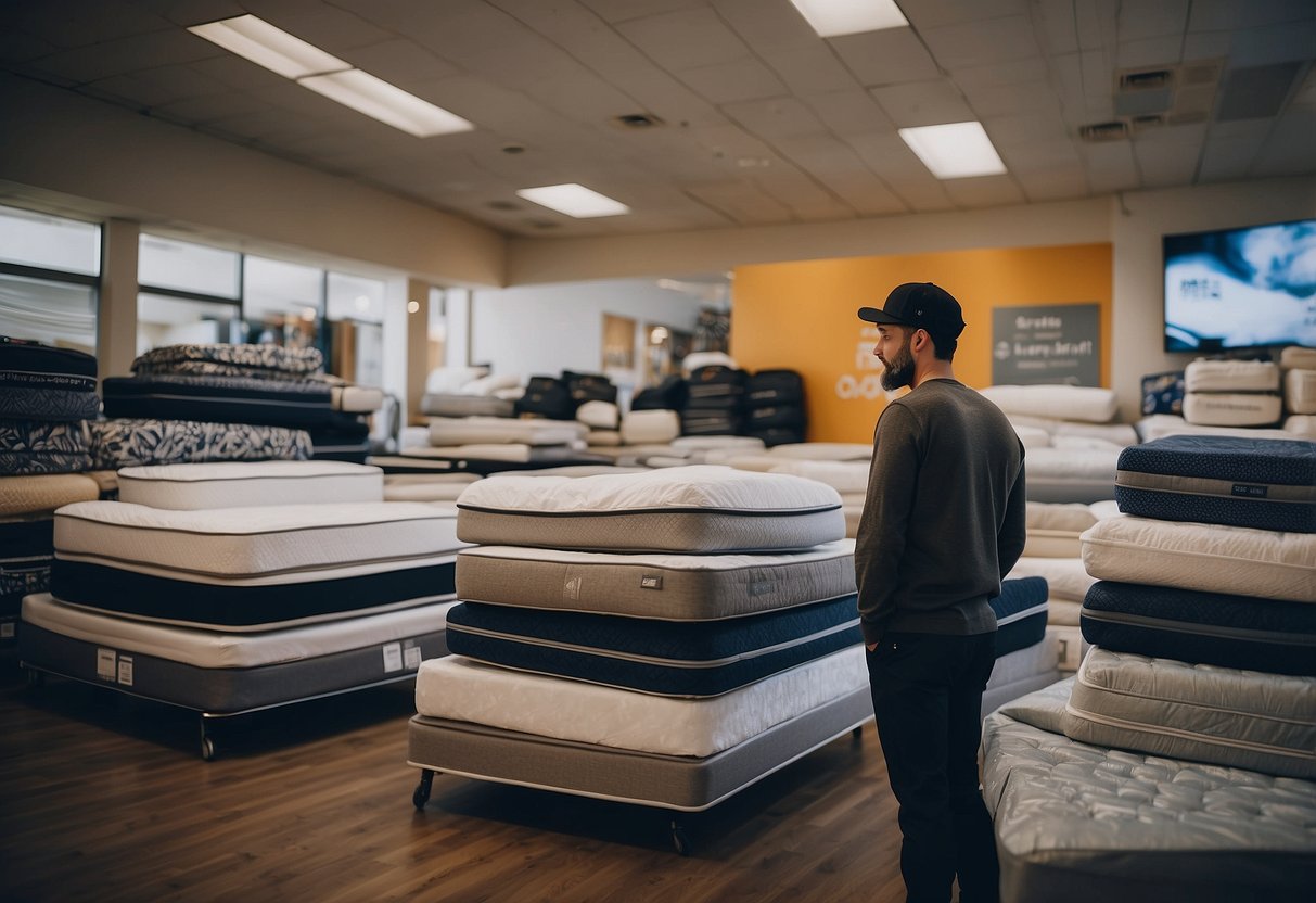 A person standing in a showroom, surrounded by various mattresses with promotional signs and labels, trying to decide on the right one