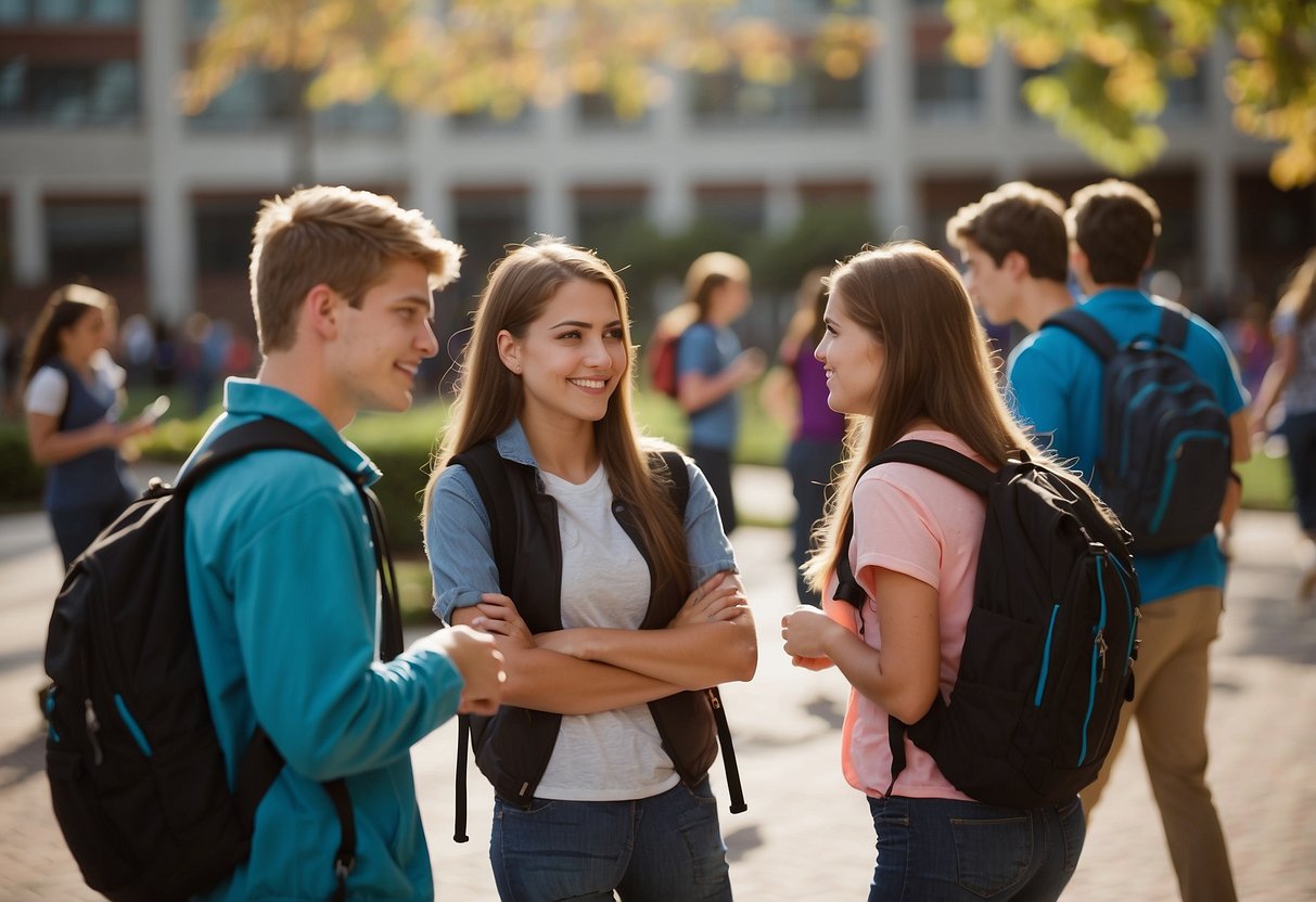 Students chatting, playing sports, and studying in a bustling high school courtyard. Bright, colorful backpacks and books scattered around