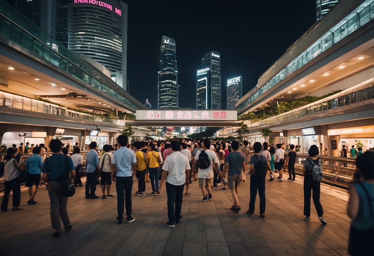 The bustling city of Singapore, with iconic landmarks in the background, as people line up at a metro station under promotional banners