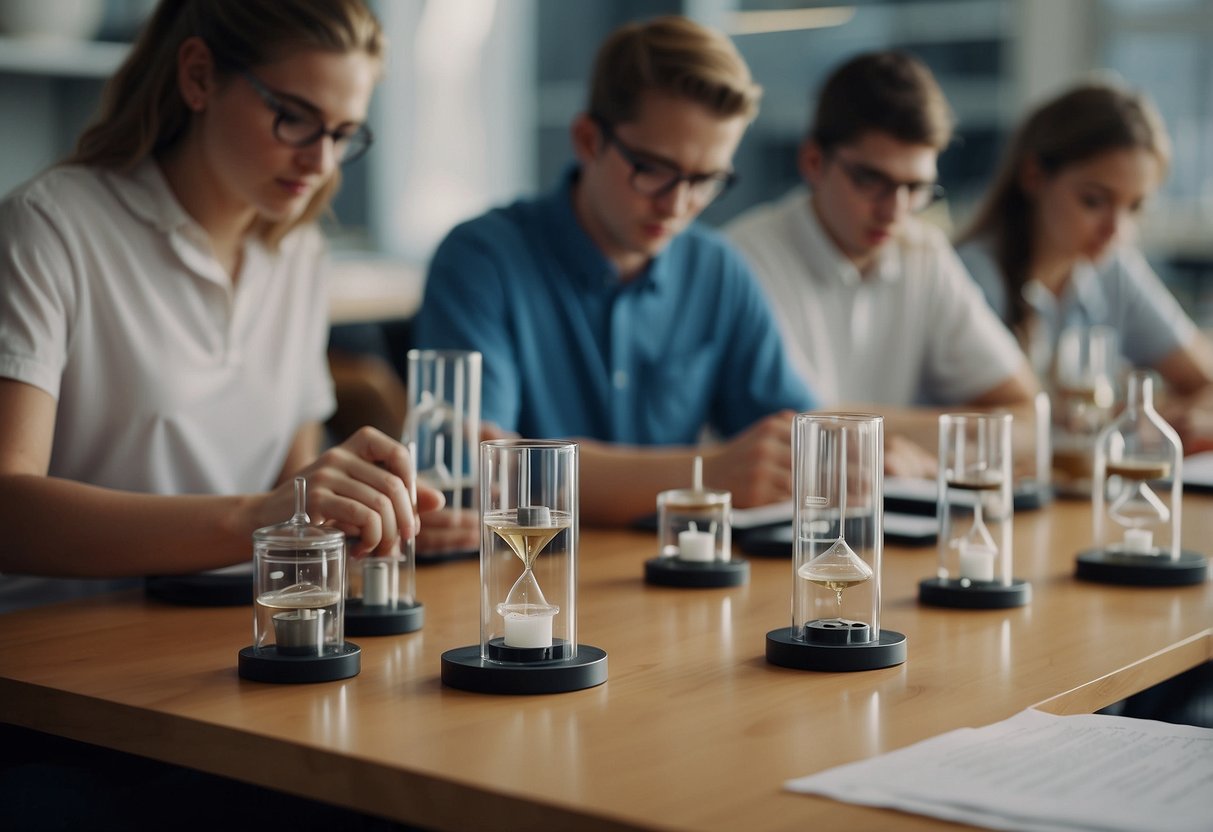 Students conducting experiments, solving equations, and analyzing data in a classroom setting