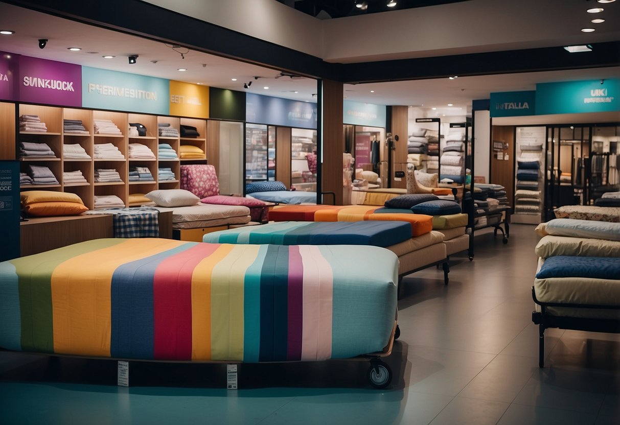 A mattress store with colorful promotional banners and a crowd of customers in Singapore