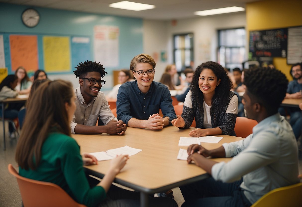 Students engage in group discussions, research, and creative projects related to history, literature, and art in a vibrant classroom setting