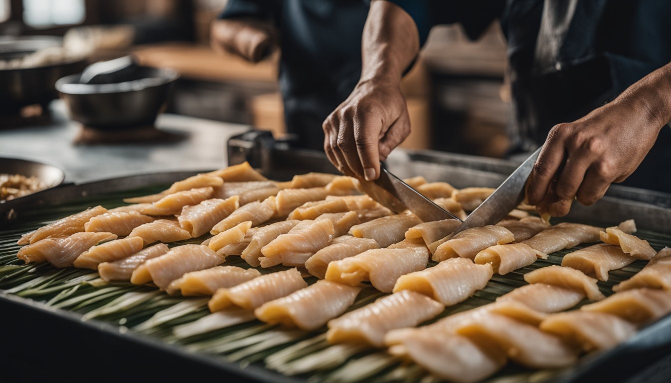 A fisherman expertly slices fresh fish into thin strips, ready to be dried and transformed into crispy keropok, a beloved snack with deep cultural roots