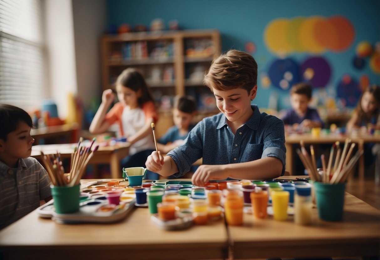 Students painting, dancing, and playing instruments in a colorful classroom with art supplies and musical instruments scattered around