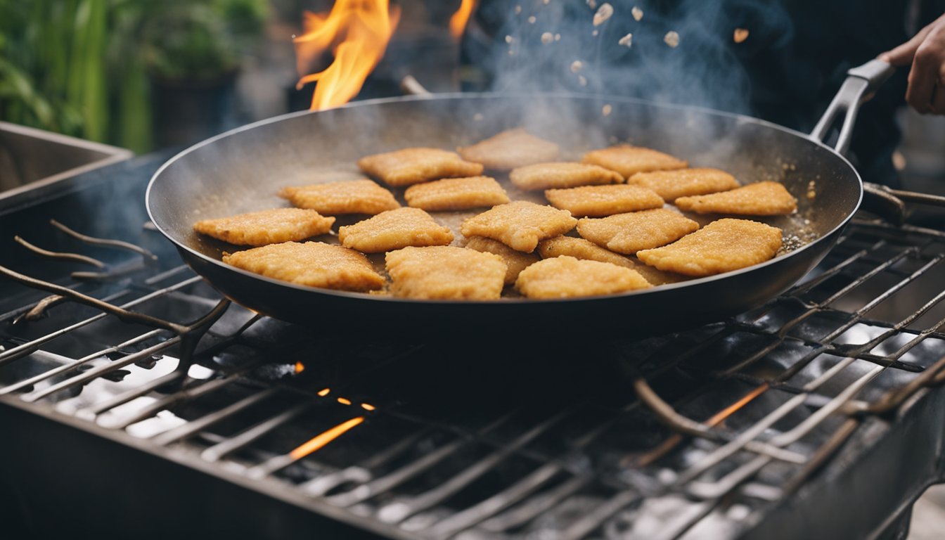 A person is frying fish keropok in a sizzling pan. Oil is spattering as the keropok turns golden and crispy. A fragrant aroma fills the air