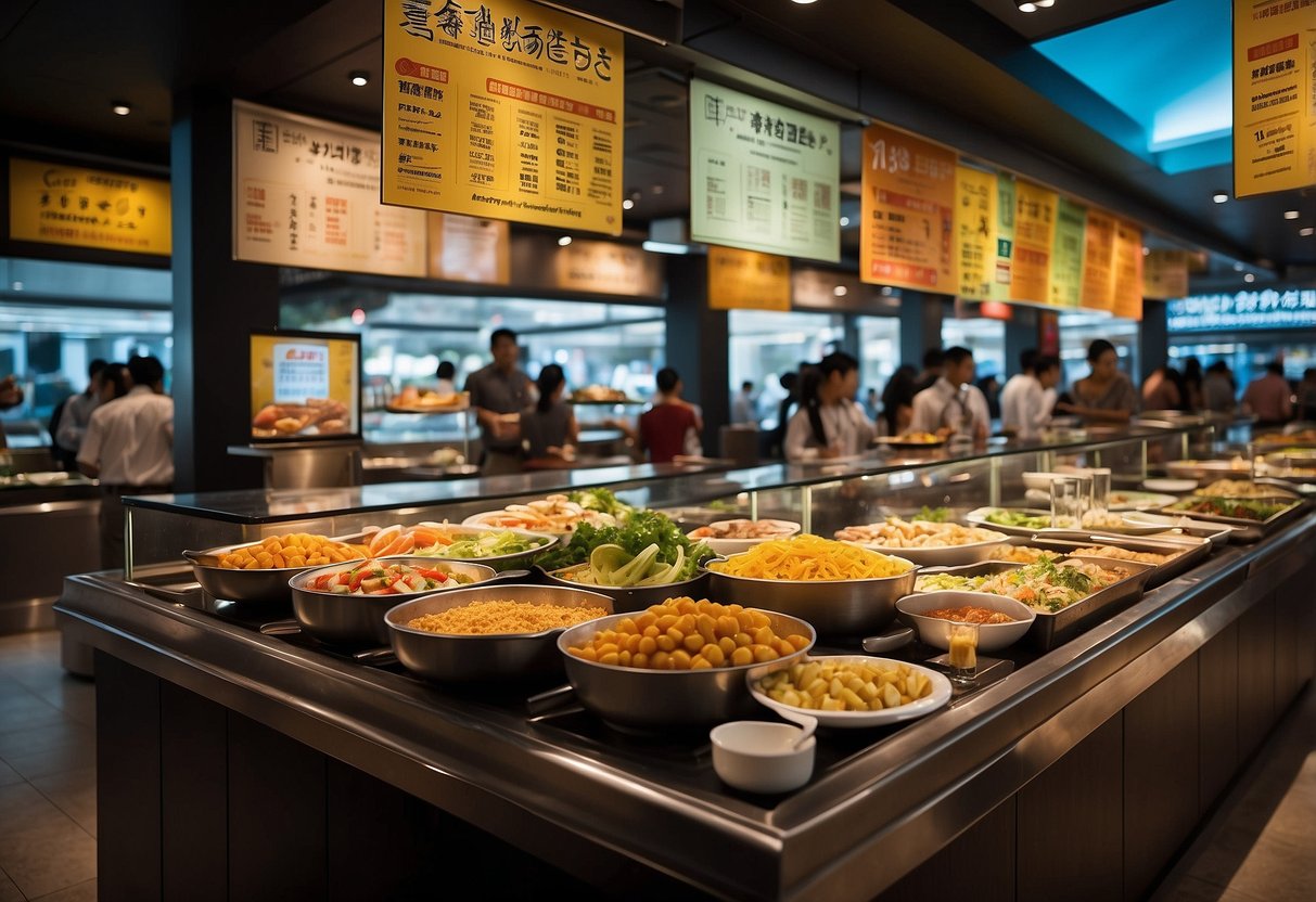 The bustling Line buffet, adorned with colorful banners and signs, showcases its latest promotions in Singapore