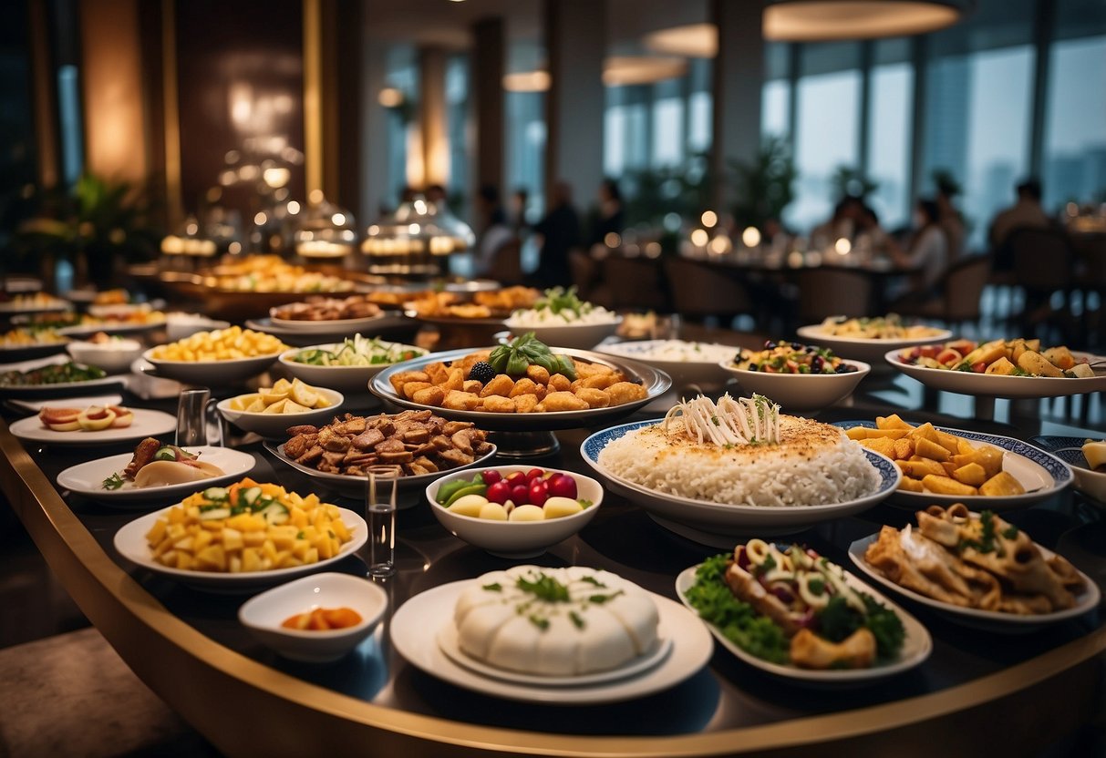 A lavish buffet spread with exquisite dishes and elegant dining settings, showcasing exclusive dining offers in Singapore