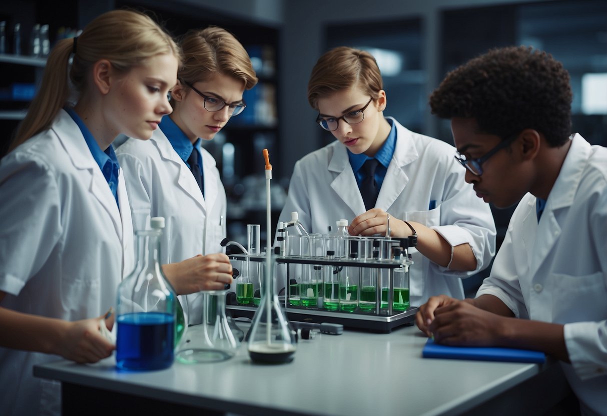 A group of 9th graders conduct science experiments, surrounded by lab equipment and charts