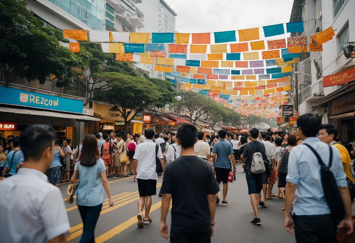 A bustling street in Singapore adorned with Magzter promotions, featuring colorful banners and enthusiastic passersby