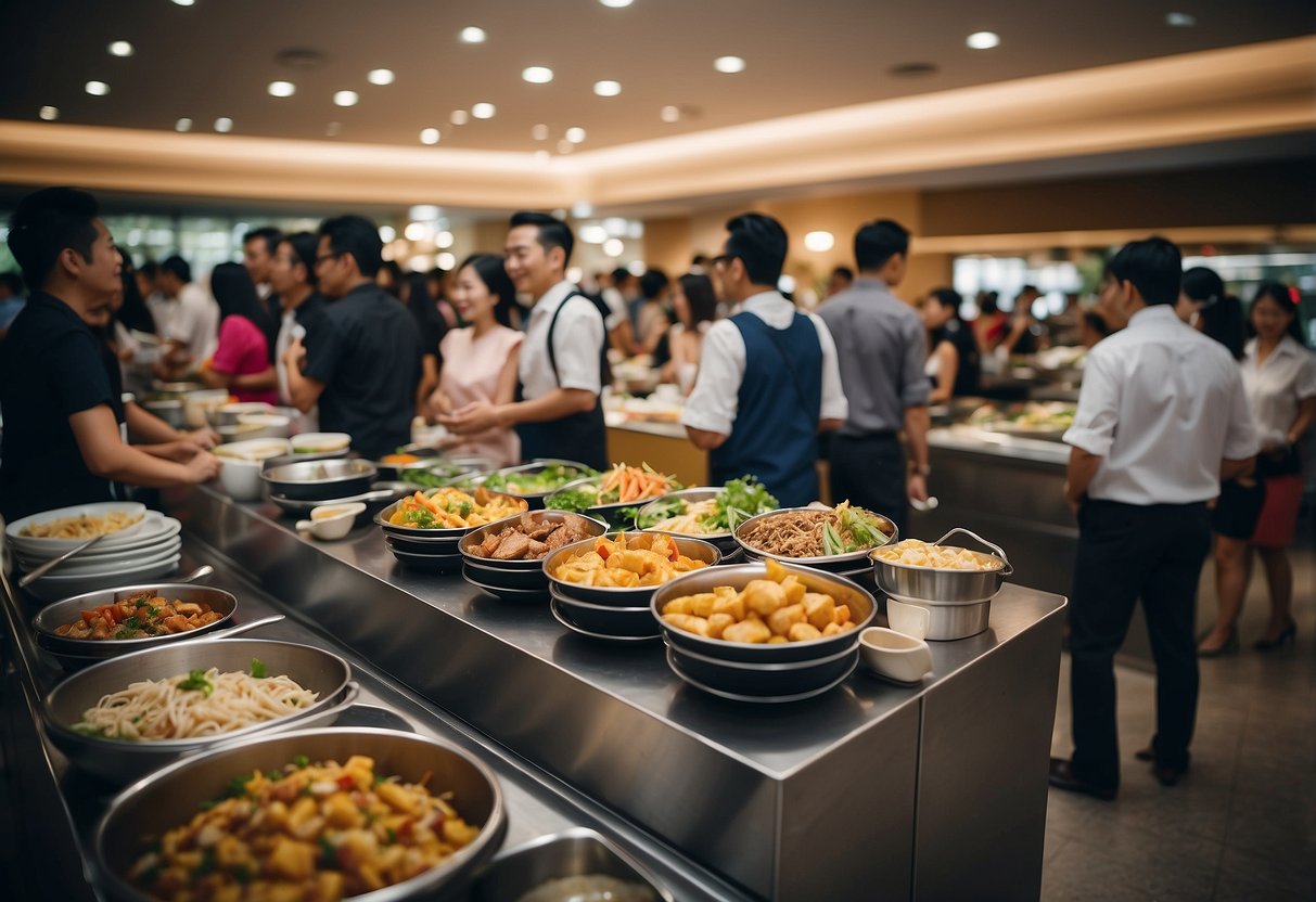 A busy buffet promotion in Singapore, with a long line of people waiting to ask frequently asked questions