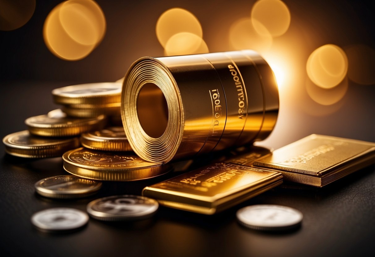 A golden spotlight illuminates a stack of magazines with the words "Magzter Gold Exclusive Promotion" prominently displayed on the cover