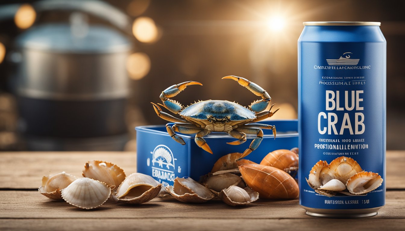 A can of blue crab sits on a wooden table, surrounded by a few scattered crab shells. The label on the can is bright and colorful, with an image of a crab on it