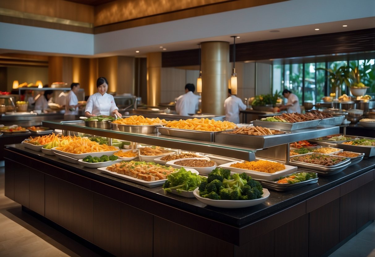 The bustling Mandarin Oriental buffet in Singapore showcases a colorful array of culinary promotions, with steaming dishes and vibrant decor