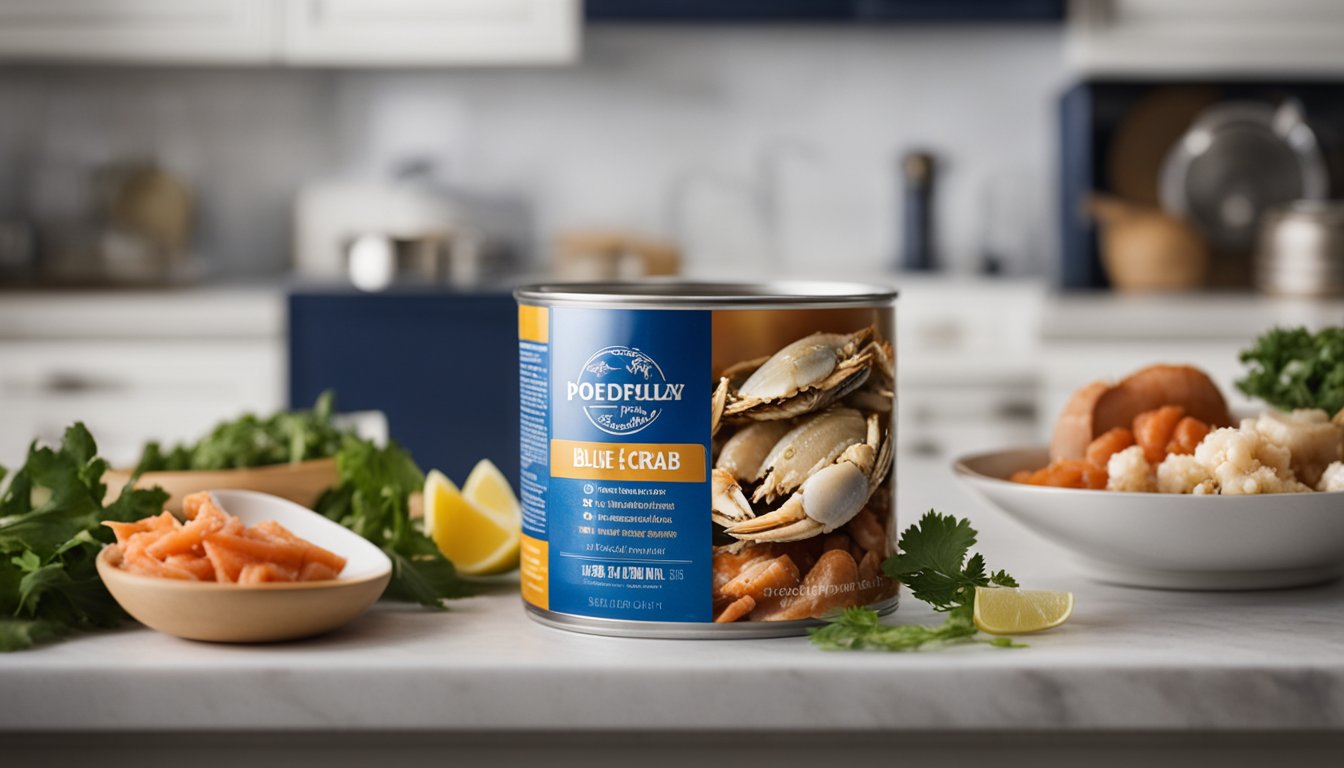 A can of blue crab sits open on a kitchen counter, surrounded by ingredients for a seafood dish. The crab meat glistens in the light, ready to be used in a recipe