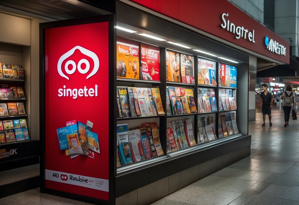 A colorful display of Singtel Newsstand and Magzter promotions in Singapore. Bright banners and enticing offers fill the scene