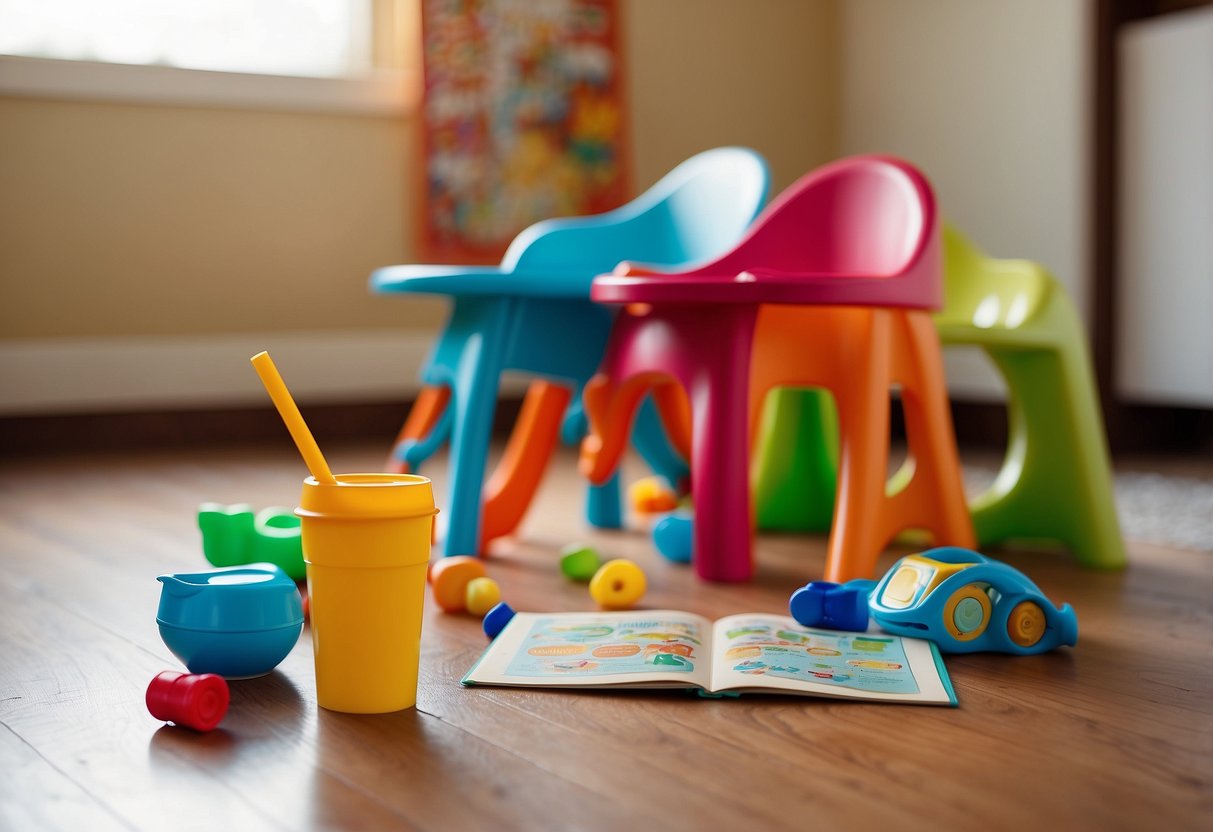 A child's toys scattered on the floor, a colorful picture book open on a small table, and a high chair with a spilled sippy cup