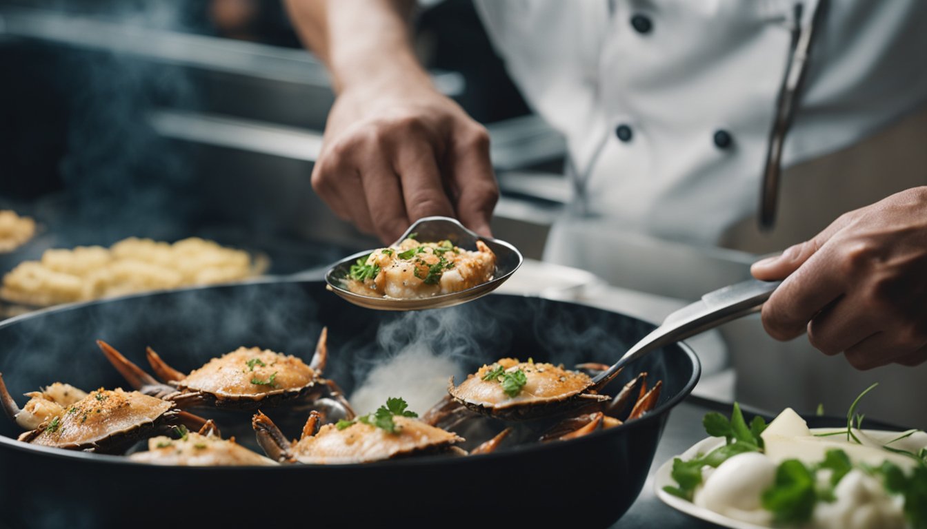 A chef opens a can of blue crab, preparing to add it to a sizzling pan of garlic, butter, and herbs. The steam rises as the crab meat sizzles and begins to brown