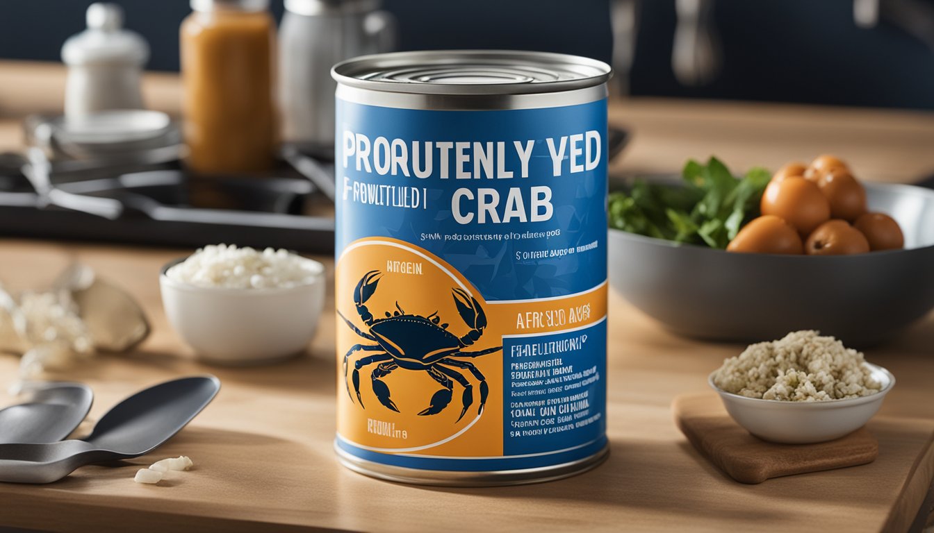 A can of blue crab sits on a kitchen countertop, surrounded by various utensils and ingredients. The label prominently displays "Frequently Asked Questions" in bold lettering